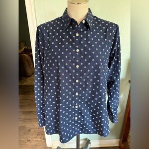 Lands End Women’s No Iron Supima Blue Daisy Print Button Down Size 14 Petite